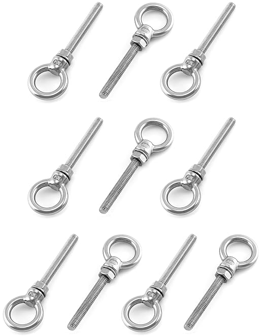 QWORK Threaded Eyebolts, 10 Pack 1/4" x 2" Long Stainless Steel Marine Grade Shoulder Eye Bolt
