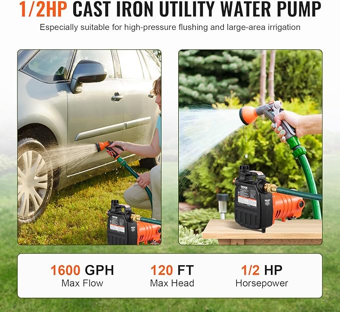 VEVOR Cast Iron Water Transfer Pump, 115V AC 1600 GPH 1/2HP, Portable Electric Utility Pump with Carbon Brush, Filter, Brass Connectors, for Garden, Rain Barrel, Pool, Pond, Hot Tub, Aquarium Draining