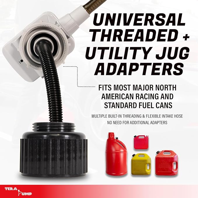 TERA PUMP TRFA02-MTX-XL Fuel Transfer Pump (2.5 GPM), AA Battery Powered Gas Can Pump, Flow Control Nozzle w/Universal Adapter + Utility Jug Adapter for Gas Diesel E85 E15-4.25ft Heavy-Duty Hose
