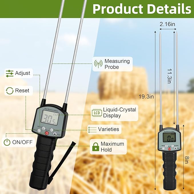 𝙐𝙥𝙜𝙧𝙖𝙙𝙚 TK100H Hay Moisture Tester, Portable Accurate Hay Moisture Meter, Hay Moisture Tester Probe with Backlit Large Screen, Hay Tester Probe for Froage, Alfalfa Orchard Grass, Bales