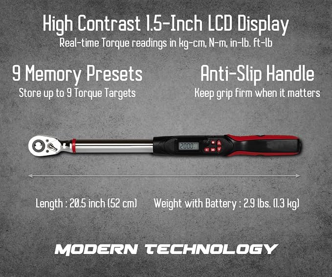 Tapha Tools 1/2 inch Digital Torque Wrench 7.4-147.5 ft-lbs (10-200 N-m) Torque Range ±2% Accuracy, LED and Buzzer Notification, Preset Memory, ISO 6789 Tested and Calibrated