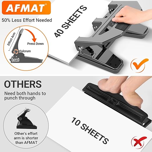 AFMAT Heavy Duty 3 Hole Punch, 40-Sheet Three Hole Puncher for Binder, 50% Reduced Effort Paper Punch, 10K+ Uses, Office Metal Hole Puncher 3 Ring w/Large Tray, Bulit-in S.S. Paper Guide, HPX2(Gray)