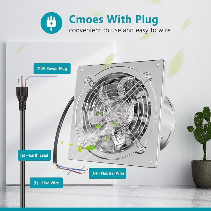 HG Power 6 Inch Exhaust Fan: Kitchen Exhaust Fans with Power Cord Attic vent Fan with Damper Wall Small Fume Extractor Ventilation Fan for Shop Chicken Coop Basement Smoking Room Garage Silver