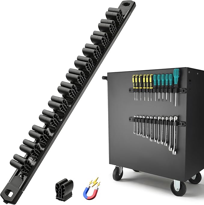 Reniteco Magnetic Screwdriver Organizer and Magnetic Wrench Organizer, Aluminum Rail Tool Holder, 12 Removable Clips, Fits Screwdrivers, Wrenches & Hand Tools, Dual Mount, Tools Not Included