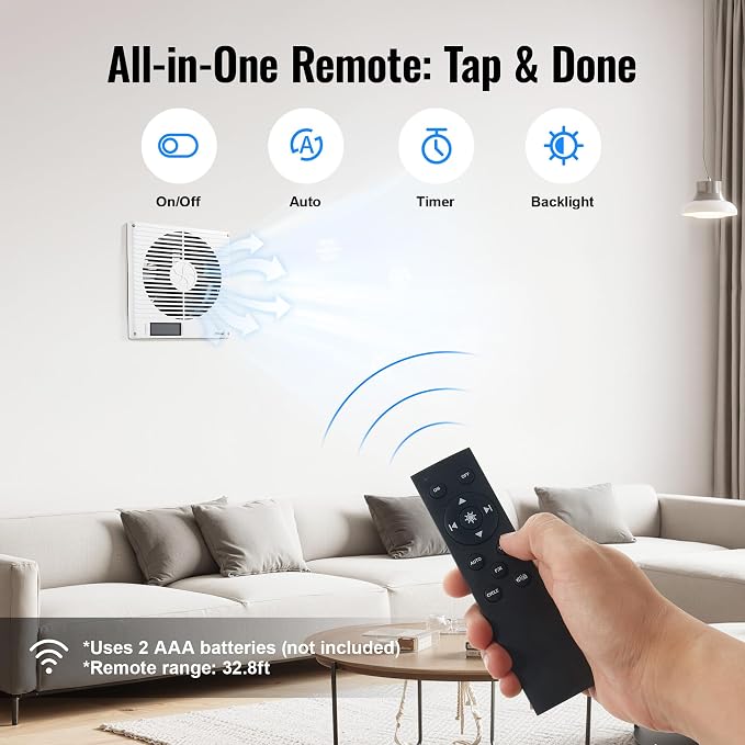 8" Room to Room Air Transfer Fan with Remote, 320CFM Through Wall Fan | 8" Room to Room Fan with Temperature Control, Reversible Airflow Design, 10 Speeds, Quiet Balance Exhaust Vent for Bedroom