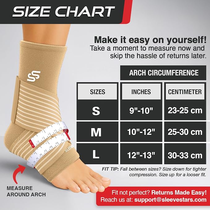 Sleeve Stars Ankle Brace for Women & Men, Ankle Wrap for Sprained Ankle, Compression Sleeve for Plantar Fasciitis Relief, Easy Customizable Support: w/Removable Strap (Single/L:12"-13"/Beige)
