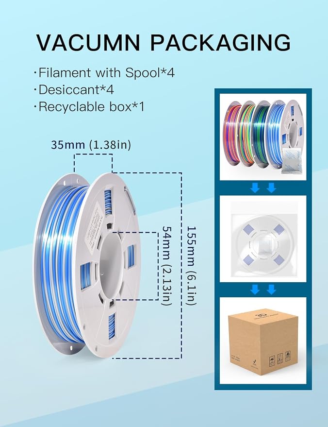 PINBALL Silk Rainbow 3D Printer Filament Bundle, Shiny Multicolor PLA Filament Fast Color Change, 250g Spool, 4 Rolls, 4 Colors
