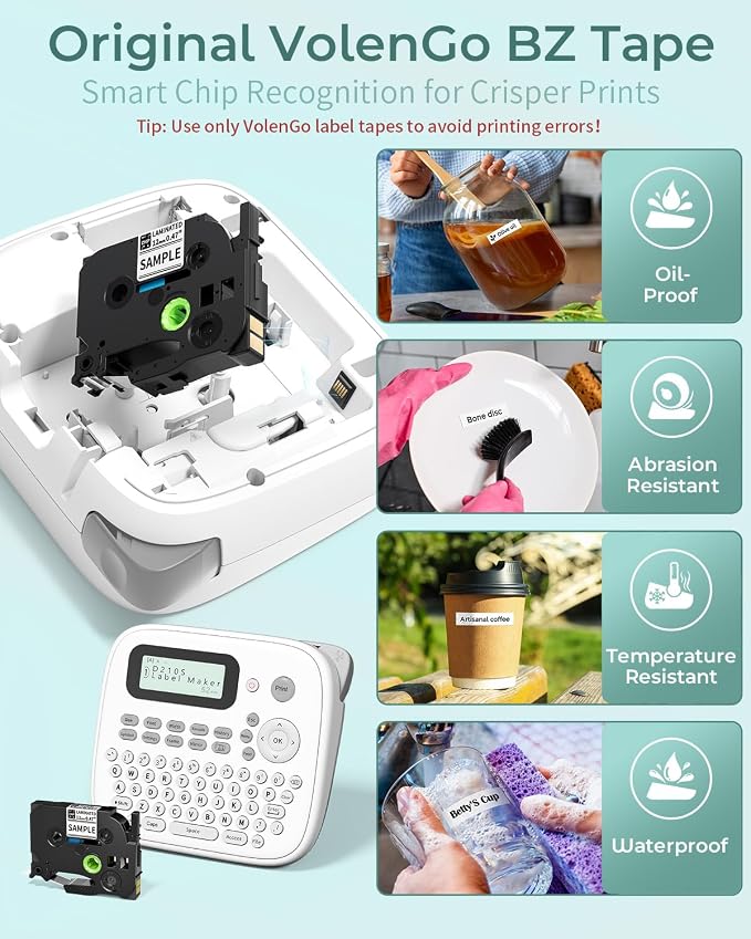 Label Maker Machine with 4 Tapes, D210s Labelmaker, Replacement for Brother Ptouch Label Maker Machine, Waterproof Removable Freezer Food-Labels for Jars/Containers/Bottle