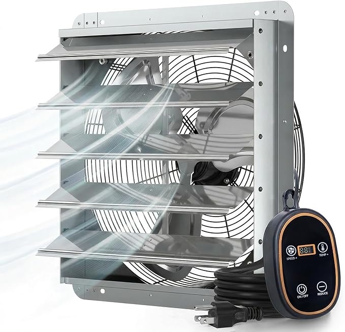Amico 20" Smart Shutter Exhaust Fan with Thermostat & 8 Speed, 3800 CFM (Up To 5500 Sq.Ft), 70W Commercial EC Motor, Wall Mount Warehouse/Barn/Greenhouse/Workshop Vent Fan, Plug & Play, FCC