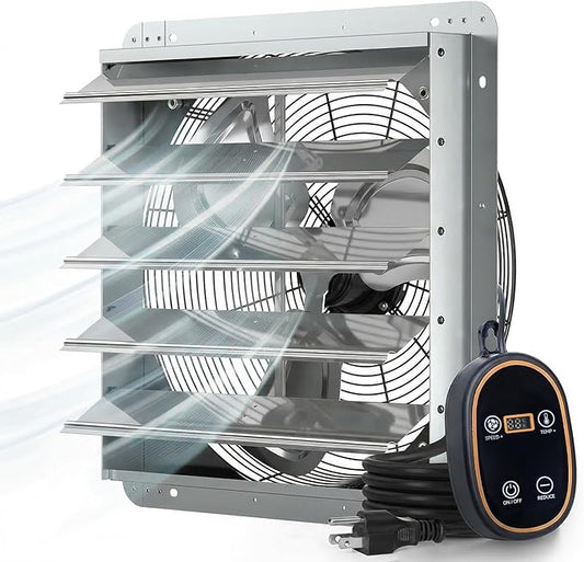 Amico 20" Smart Shutter Exhaust Fan with Thermostat & 8 Speed, 3800 CFM (Up To 5500 Sq.Ft), 70W Commercial EC Motor, Wall Mount Warehouse/Barn/Greenhouse/Workshop Vent Fan, Plug & Play, FCC