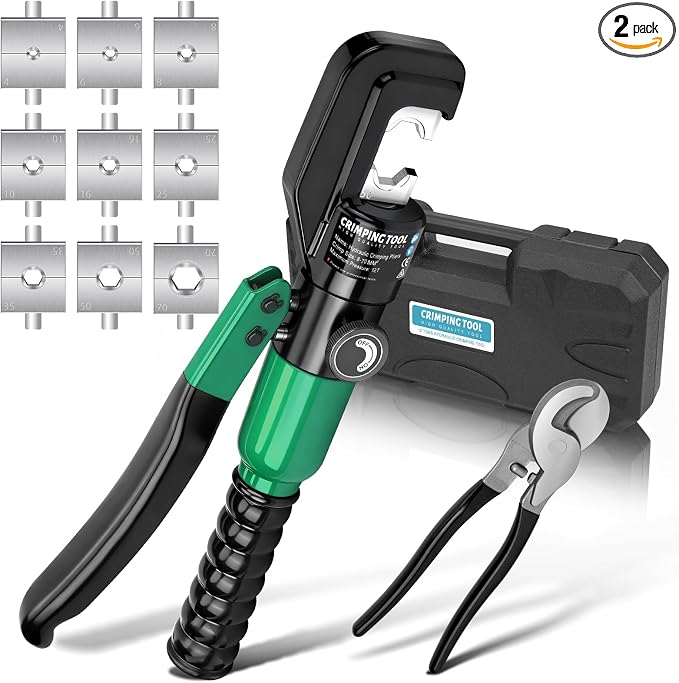 Hydraulic Crimping Tool Set with Cable Cutter, 10 Tons Battery Cable Crimper Tool with 12 AWG to 00 (2/0), Terminal Cable Wire Tool Kit with 9 Die (12awg~00awg Crimping Tool), Green