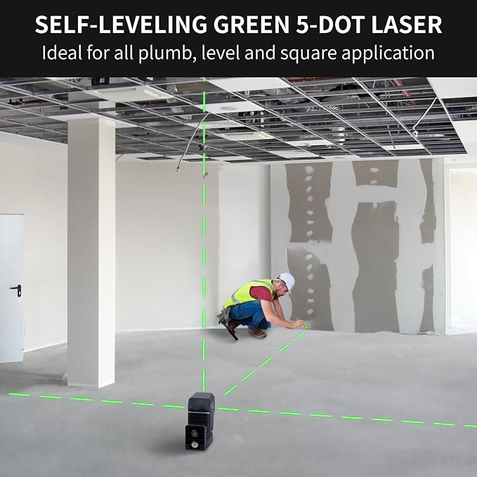 Firecore 5-Point Laser Level, Green Beam Self-Leveling Laser Plumb Bob with Magnetic Base, 131-Foot Range, 2 AA Batteries and Carry Pouch Included - F501G