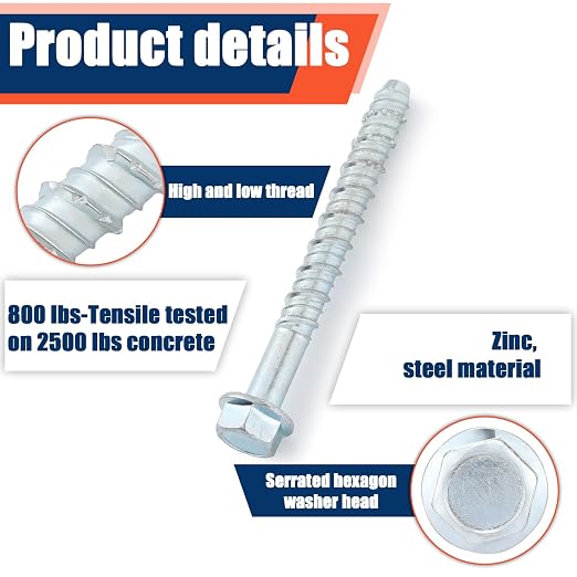 Tandefio 100 Pack 1/2" x 5" Concrete Screw Anchor Galvanized Large Diameter Heavy Duty Plated Concrete Anchors for Masonry Brick Anchoring Block Decking Framing Hex Drive
