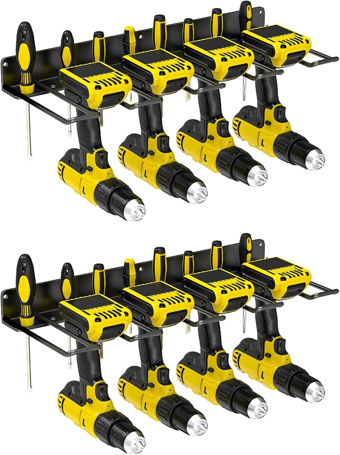 2 Pack Drill Holder Wall Mount, Power Tool Organizer, 4 Cordless Metal Drill Racks with Screwdriver Hole, Heavy Duty Garage Tool Organizer Storage Rack for Workshop Tool Room Basement