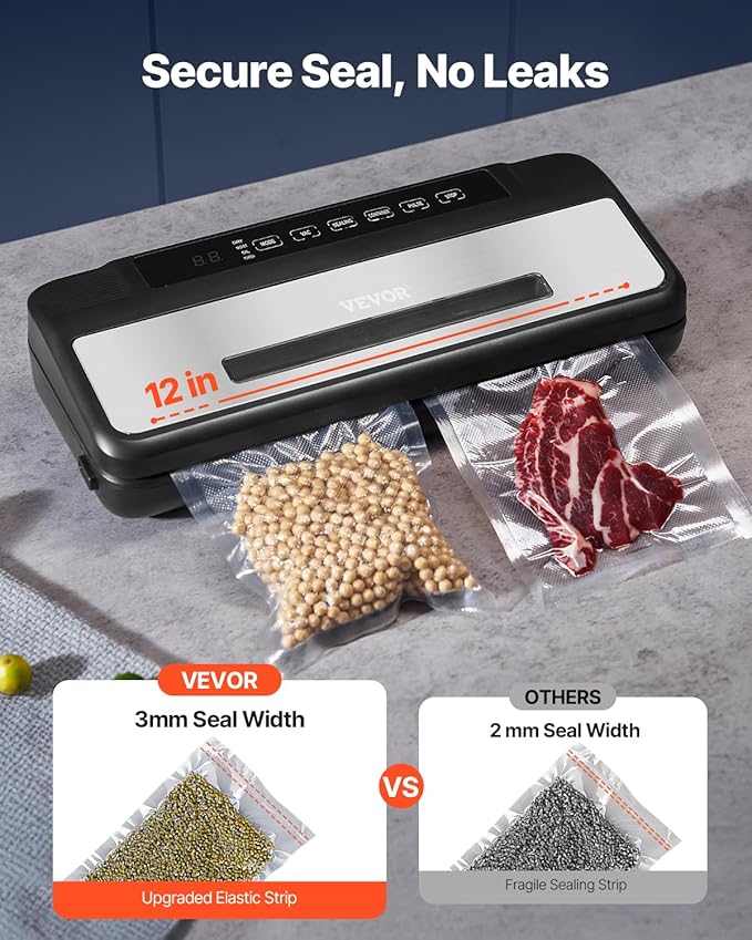 VEVOR Vacuum Sealer Machine, 80Kpa 120W Powerful Compact Food Sealer, 7-in-1 Multi-Functional Food Vacuum Sealer, Automatic Air Sealing System with Built-in Cutter with 10 Vacuum Bags & 1 Bag Roll