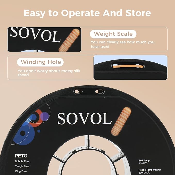 Sovol 3D Printer PETG Filament 1.75mm 1KG (2.2lbs), High Precision, Strong Toughness, Wiring Tightness, Dimensional Accuracy +/- 0.03 mm, 3D Printing PETG Filaments, Skin