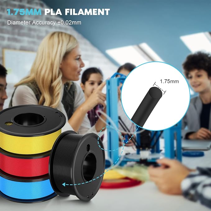 3D Printer Filament PLA 1.75mm 3-D Printing Materials 5 Colors Bundle Print Filimate 1.75 mm White Black Red Blue Yellow Filiment1.75 Accuracy ±0.02mm Fillament Spool Vacuum Pack 250G X 5 Roll