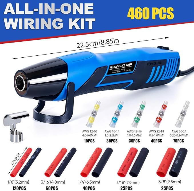 350W Mini Heat Gun for Heat Shrink Tubing, 460PCS 10-26 AWG Solder Seal Wire Connectors & Waterproof Shrink Tube Kit, Portable Hot Air Gun with 2-Temp Max 752°F (400°C) for Automotive, Wiring Repair