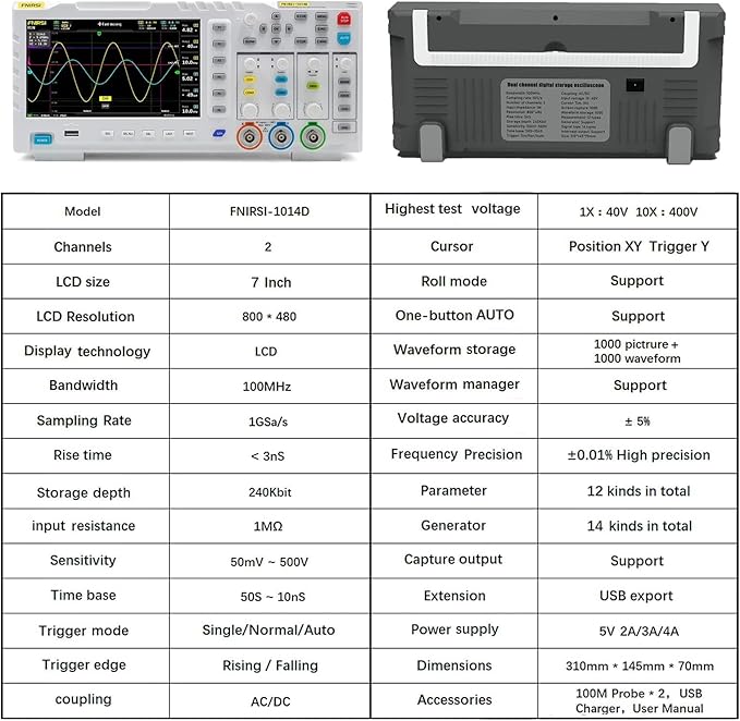 FNIRSI 1014D Oscilloscope 2 in 1 Digital Oscilloscope DDS Signal Generator, 100X High Voltage Probe, 2 Channels 100Mhz Bandwidth 1GSa/s Sampling Rate Built-in 1GB Storage Space