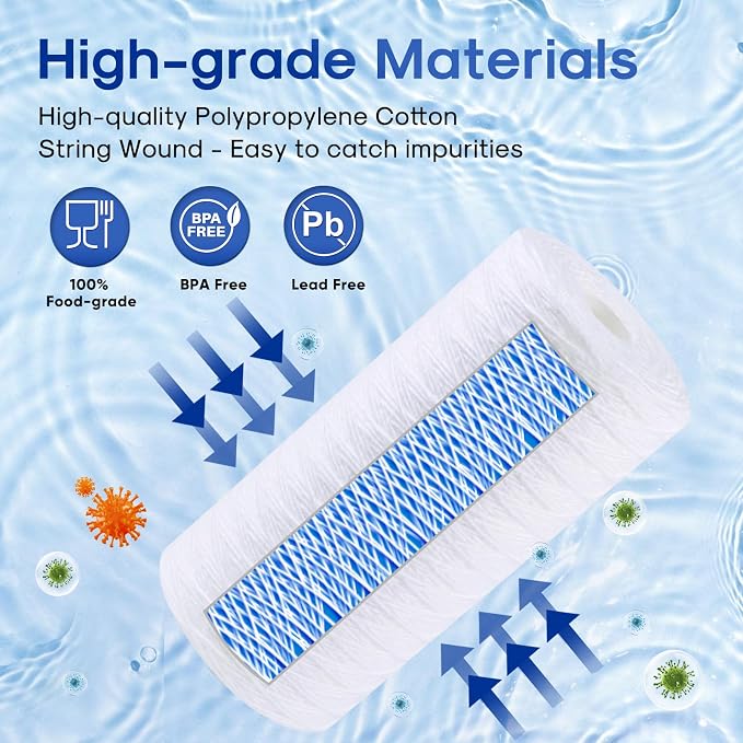 ICEPURE 50 Micron 10”*4.5'' Whole House Sediment String Wound Water Filter Replacement filter for 84637, WPX5BB97P, PC10, 355214-45, 355215-45, WP10BB97P, WP5BB97P, 4 PACK