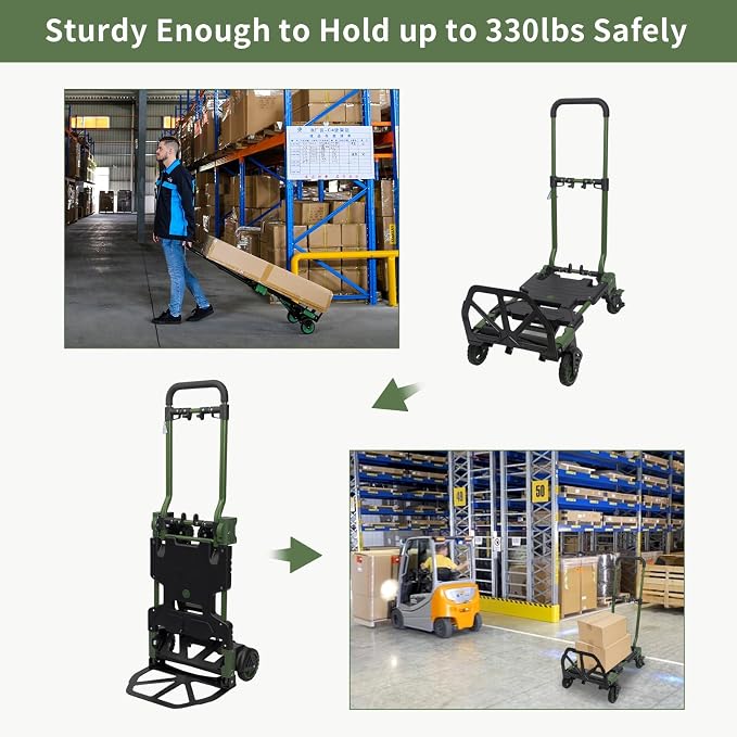 2-in-1 Black Folding Small cart, Outdoor Cargo handling Vehicle, Flatbed Trailer with a Load Capacity of 330 pounds (1, Green+Black)