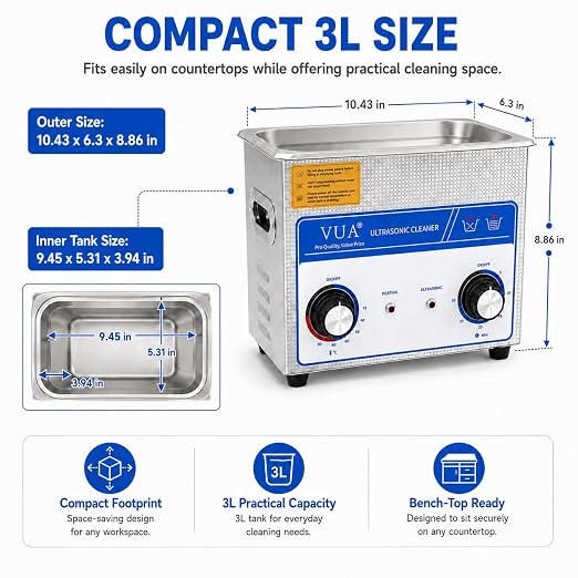 3L Ultrasonic Cleaner Machine with Heater, 40kHz Professional Ultrasonic Jewelry Cleaner with Timer Control, Stainless Steel Sonic Cleaner for Watches, Glasses, Rings, Retainers, Small Parts and Tools