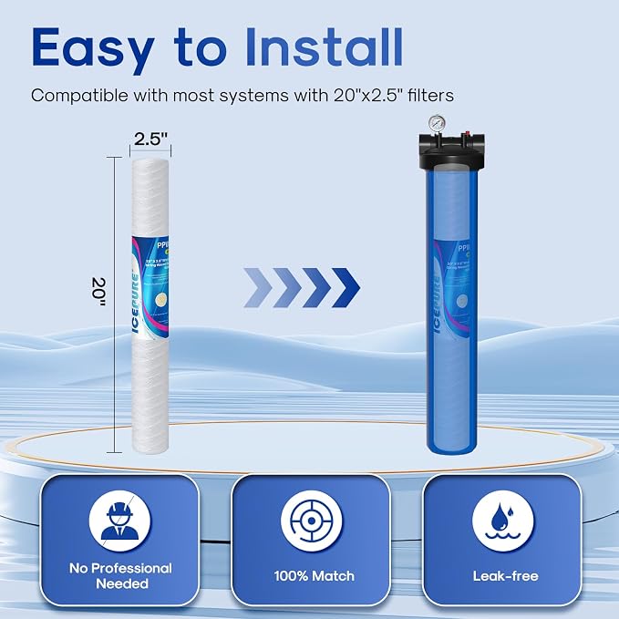 ICEPURE 5 Micron 2.5" x 20" Whole House String Wound Polypropylene Sediment Filter for Well Water, Replacement Cartridge for Aqua Pure AP110-2C, P1-20/SP-P1-20/PX01-20, FPMB5-20, WPP-F20-5, 6Pack