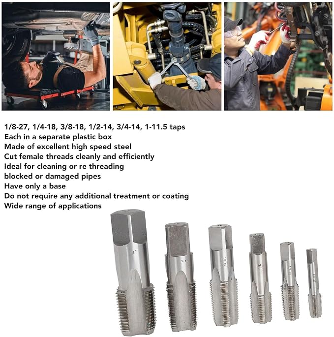 6Pcs Tap and Die Sets, 1 3/4 1/2 3/8 1/4 1/8 High Speed Steel NPT Pipe Tap Pipe Threader Drill Bits