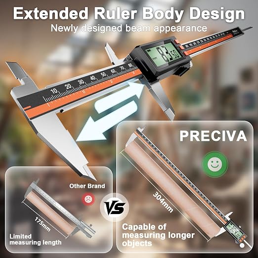 Preciva Digital Caliper 12", Rechargeable Stainless Steel Micrometer | Type-C charging, durable steel body, large LCD with auto-off saves power, in/mm/frac, for 3D-printing machining woodworking