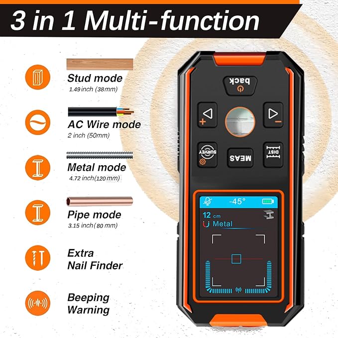 NOYAFA NF-518S Wall Scanner Stud Sensor 3IN1 Stud Detector Beam Detector Laser Rangefinder Digital Level Meter Tape Measure for Metal, Wood, Joists, AC Cord Rechargeable, Voice Annunciation