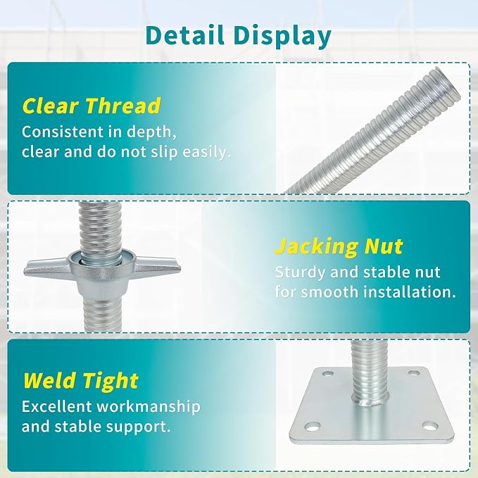 12" Adjustable Scaffolding Leaveling Jack, Galvanized Steel Hollow Screw Jack with Base Plate, 4 Pack