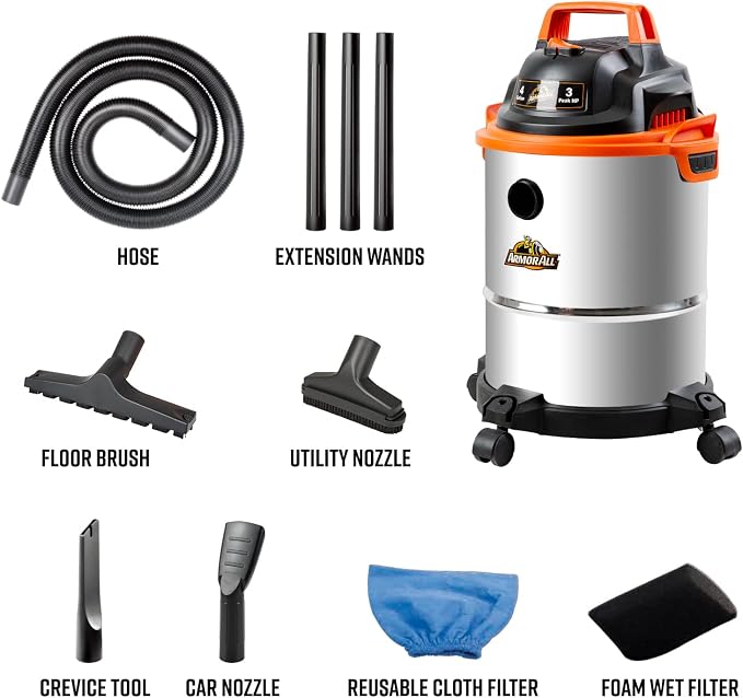 Armor All VOC408S 0901 4 Gallon 3 Peak HP Stainless Steel Wet/Dry Vacuum, Orange