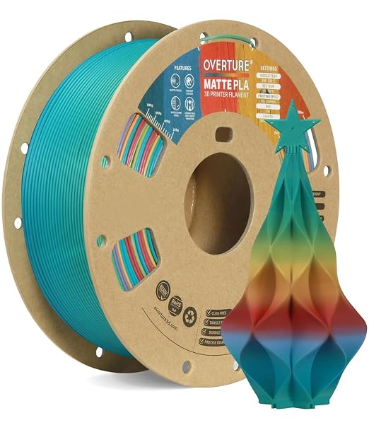 OVERTURE Matte PLA 1.75mm, Low Warp & Smooth Finish 3D Printer Filament | Frosted Matt Finish Hides Layer Lines, 1kg Spool (2.2lbs) Cardboard Spool, Fit Most FDM Printer (Matte Candy Rainbow)
