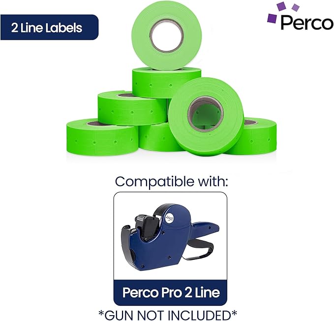 Perco 2 Line Fluorescent Green Labels - 60,000 Blank Price and Date Gun Labels for Perco 2 Line Price and Date Guns - 80 Rolls, 10 Sleeves - Made in USA