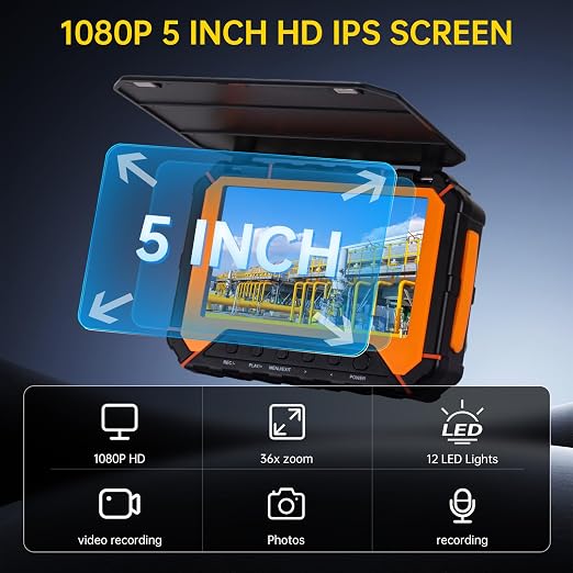 Sewer Camera 100ft,SPRIDRAIN Drain Pipe Camera HD 5in Screen with 32GB DVR,Waterproof IP68 Works Underwater Up to 10Meters Sewer Inspection borescopes for Plumber(Fits Pipes>0.9" Diameter,100ft/30M)