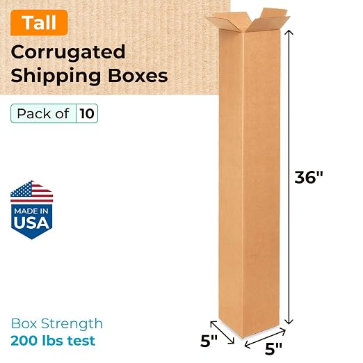 Tall Moving & Shipping Boxes 5x5x36 inches (10-Pack) - Extra Strength 200 lb vs Regular - USA-Made Corrugated Cardboard Boxes for USPS/UPS/FEDEX - Strong Packaging Box - Moving Box by IDL Packaging