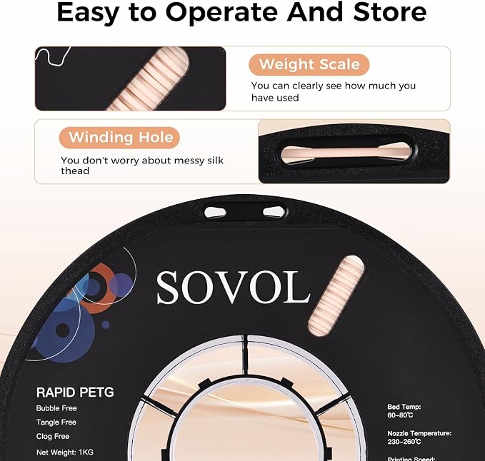 Sovol 3D Printer Rapid PETG Filament 1.75mm 1KG (2.2lbs), High Precision, Strong Toughness, Wiring Tightness, Dimensional Accuracy +/- 0.03 mm, 3D Printing High Speed PETG Filaments, Skin