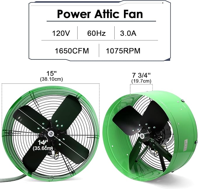 Hiorucet Upgraded 15 Inch Gable Vent Exhaust Fan, 1650CFM 2500 SQF High Performance Low Noise Attic Gable Mount Fan with Adjustable Thermostat, 14 Inch Blade and Permanently Lubricated Motor, Green.