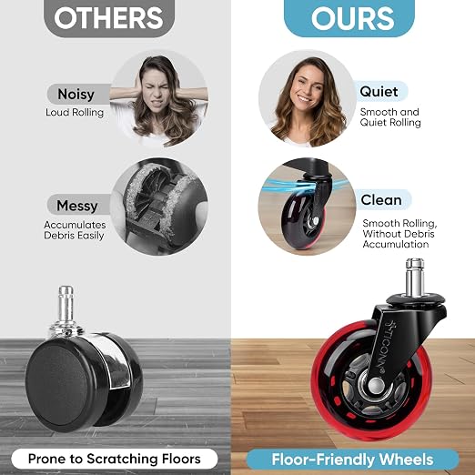 TICONN Office Chair Caster Wheels Set of 5 for Tile, Hardwood Floors and Carpets, Universal Fit for Most Chairs (Red)