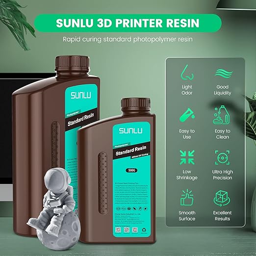 SUNLU 3D Printer Resin 1kg, Fast Curing Standard 3D Resin for LCD DLP SLA Resin 3D Printers, 395 to 405nm UV Curing 3D Printing Liquid Photopolymer Resin, Low Shrinkage, High Precision, 1000g, Black