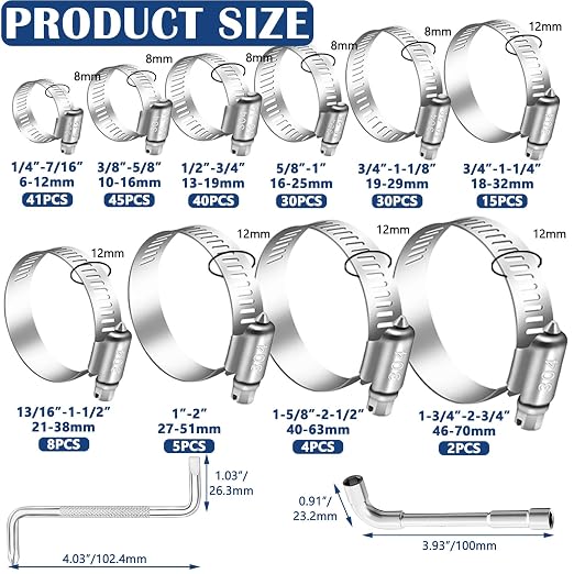 222PCS 304 Stainless Steel Hose Clamps Assortment Kit,Metal Adjustable 1/4"-2-3/4"(6-70mm) Worm Gear Hose Clamp Small Hose Clamps for Automotive,Radiator Pipe,Plumbing,Fuel Line