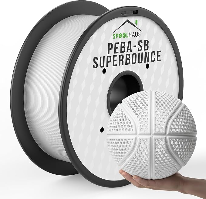 PEBA Filament 1.75mm Full 1kg SpoolHaus Super Bounce | High Rebound Flexible Filament | The Super TPU 78% Energy Return | Bouncy Airless Basketball 3D Printer Filament Lightweight White 1kg