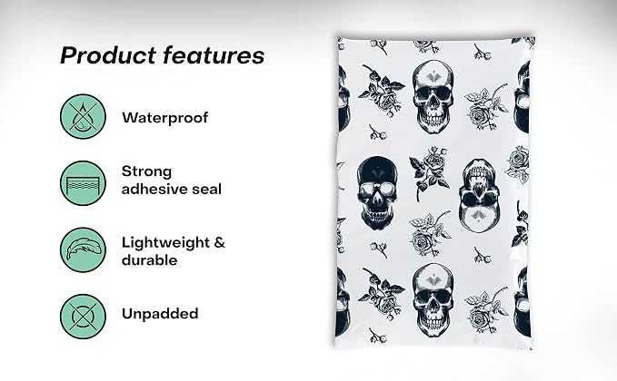 Package Mint Poly Mailers 6 x 9 200 Pack | Waterproof & Tear Resistant Mailing Envelopes for Small Business Supplies | Shipping Bags for Clothes | Cute Shipping Bags for Small Business -Skull Rose