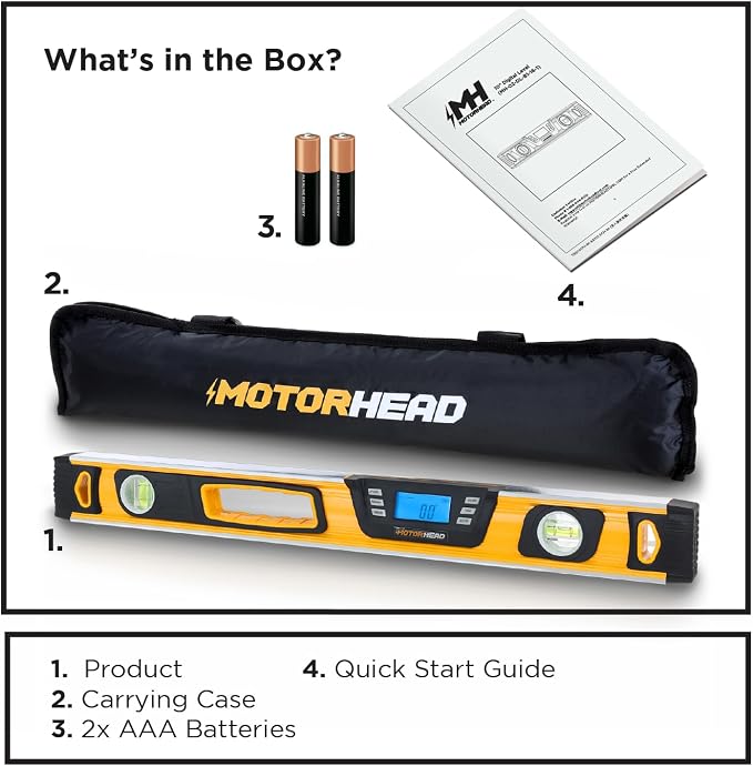 MOTORHEAD 24-Inch 0-180° Smart Digital Level, LCD Screen, Magnetic Bottom | Audible Alerts, Water Dust & Shock Resistant, High-Visibility, Solid-Milled Aluminum, Carrying Bag, Carpentry Masonry Framing