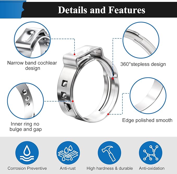 252Pcs 14 Sizes Single Ear Hose Clamp, 5.3-33.1mm 304 Stainless Steel Ear Hose Clamp Kit with Ear Clamp Pincer for Automotive, Plumbing, Fuel Line