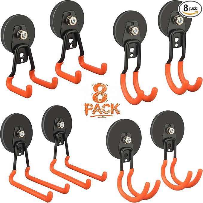 ULIBERMAGNET Heavy Duty Magnetic Garage Hooks,8 Pack Strong Large Magnet Hooks for Power Drill,Garden Tools,Hose,Pegboard,Garage, Workshop,Magnetic Storage Hooks for Indoor Outdoor Hanging(Orange)