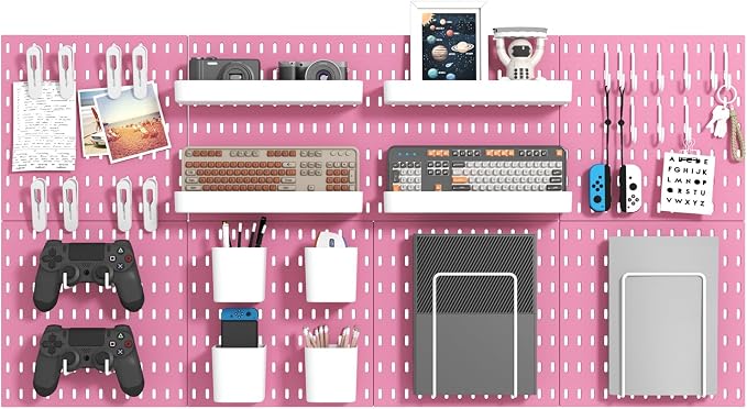 MULSAME Pegboard Combination Kit, Wall Mounted Storage Set with 8 Pegboards & 28 Accessories Hanging, Peg Boards Organizer for Walls Display, Crafts Organization, Kitchen Organizer, 22" x 44" Pink