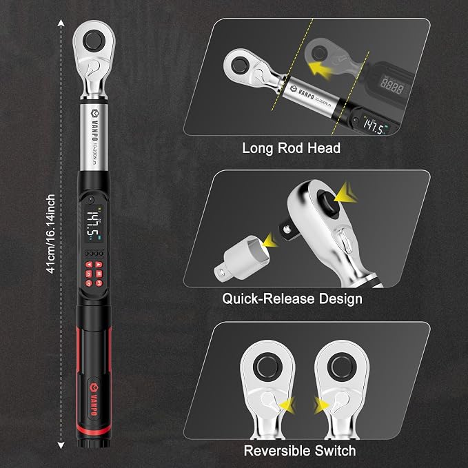 VANPO 1/2 Drive Digital Angle Torque Wrench 7.4-147.5 Ft.lb, ±2% Accuracy | 10-200 Nm Electronic Torque Wrench, Buzzer LED Vibration Alarm, Perfect Tools for Tire Lug Nuts & Car Engine Repair