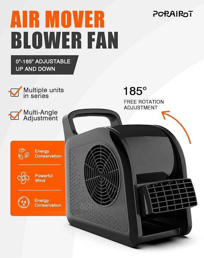 Blower Fan for Drying Cooling and Ventilating, Air Mover for Home Garage Workshop and Job Site Use, Air Mover Blower Fan with 185° Rotation, 3 Speeds, 2 AC Outlets, Black