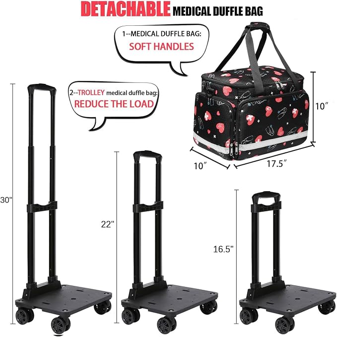 Medical Bag Rolling Roller Bag Trolley Duffel Nurses EMT CNA RN Empty for First Aid Responder Home Health Care Nursing Student Roll Duffle Bag Carry on Wheels Wheeled Work Physicians Doctor (HEART)
